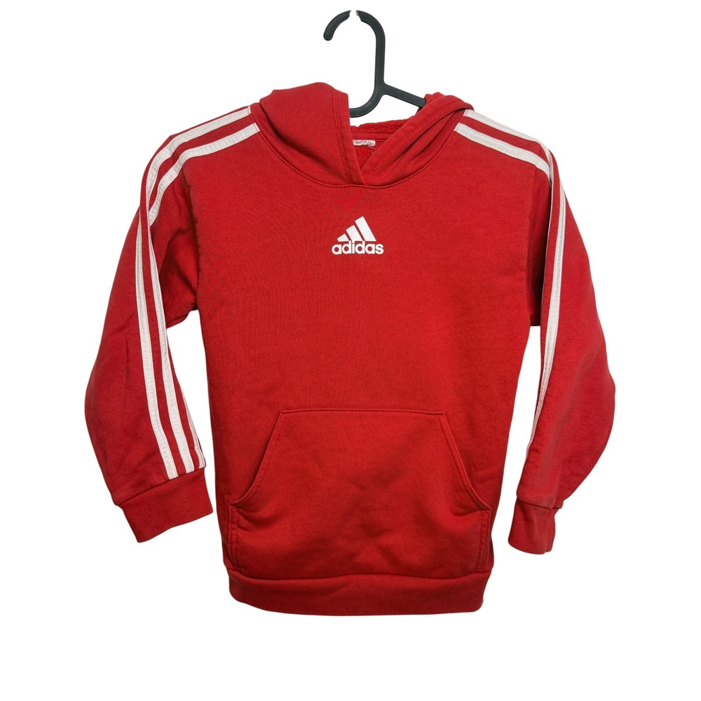 Adidas Kids Hoodie Sz 7 Red White Stripe Sweatshirt Sporty Soccer Imperfect Fall